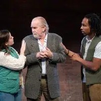 Nicole Erb as Kinship, Harry Groener as Everybody, and Gerard Joseph as Cousin in Everybody. Antaeus Theatre Company